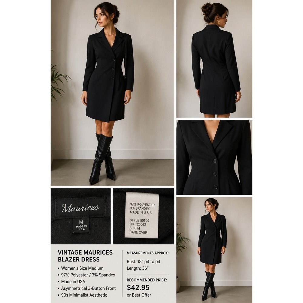 Vintage Maurices Black Blazer Dress Womens Medium 90s Minimalist Career Goth
